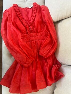 Zimmermann Coral Red Ruffle Detail Dress